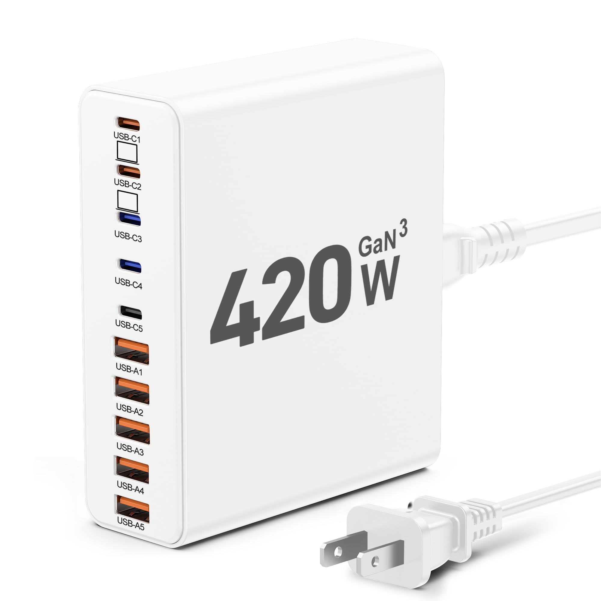 420W USB C Charger Block,10-Port Charging Station GaN Fast Charging Type C & USB A Wall Charger Adapter for MacBook Pro/Air,iPhone,iPad,Dell XPS,Samsung Galaxy(White) Image