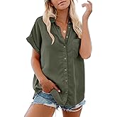 Womens Button Down Casual Shirts Cotton Short Sleeve Blouses Solid Summer Tops with Pocket
