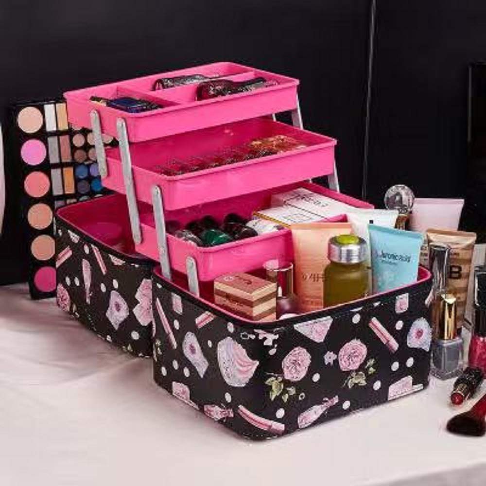 Buy Siby Leather Rose Printed 3 Layer Makeup Storage Vanity Box Makeup Organizer Storage Box Container Case Jewelry Cosmetic Desktop Storage Box For Women Without Makeup Item 1pc Black Color Online At Low Prices