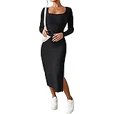 ETCYY NEW Womens Fall Dresses Square Neck Knitted Elastic Basic Spring Bodycon Versatile Slit Dress