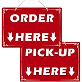 Order Here and Pick Up Here Signs,2 Pcs Double-Sided for Shops-12"x8&ldquo;Red | Double-Sided Signs with 4 Twines for Restaurants,Cafes and Bars,Bakery,Ice Cream Stand Decor Pick Up Kiosk Retail-Acrylic