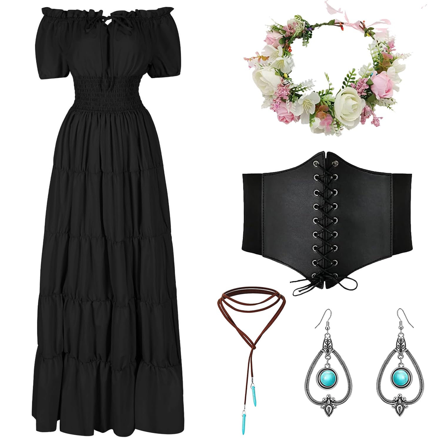 Photo 1 of Renaissance Dress for Women Medieval Costume Fairy Dress Princess Fantasy Dress for Halloween Peasant Cottagecore Victorian 5Pcs (Black, X-Large)