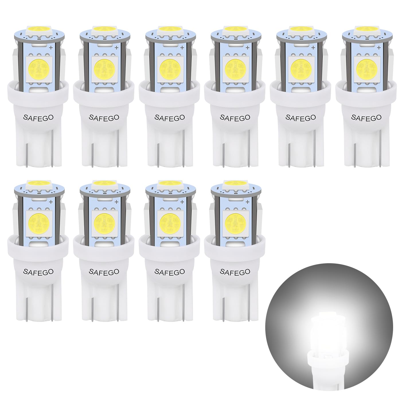 Safego W5W 501 LED Bulbs T10 194 168 Led Car Bulb Super Bright White 5SMD 5050 Replacement for LED Side Light Bulbs Car Interior Dashboard Dome Map Door Courtesy License Plate Lights 12V, 10PCS