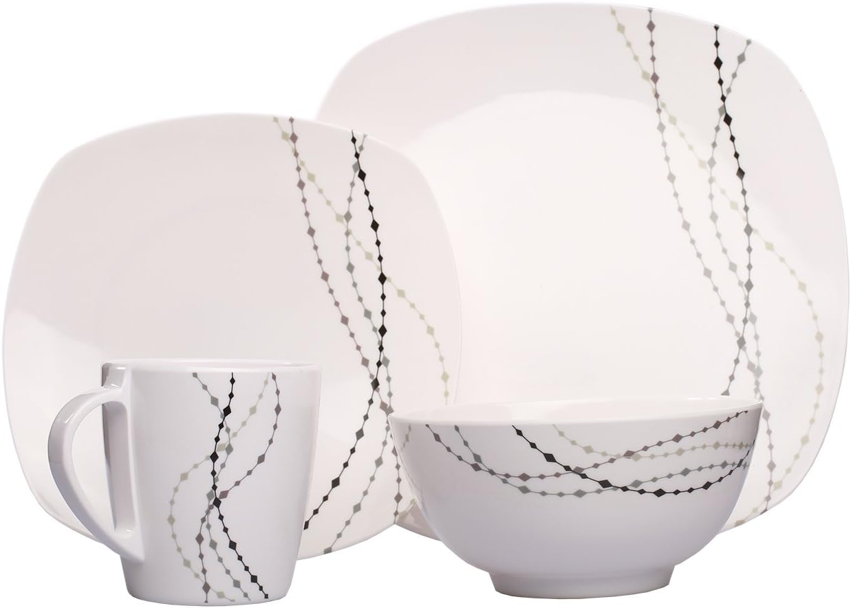 Melamine Crockery (Choice Of Colour And Number Of People 1,&nbsp;2,&nbsp;4,&nbsp;6) Dinner Tableware Set Camping Outdoor Garden Dinner Picnic, Design Line Cream Eckig, Anzahl 6 Pers / 24-teilig