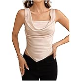 winkbay Women's Cowl Neck Satin Top Elegant Ruched Sleeveless Asymmetrical Work Tank Tops