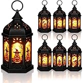 Halloween Lanterns with LED Candle, 6 Pack Large Black Lanterns with Halloween Printed Glass, Battery Operated Flickering Lights, Spooky Halloween Decorations for Home