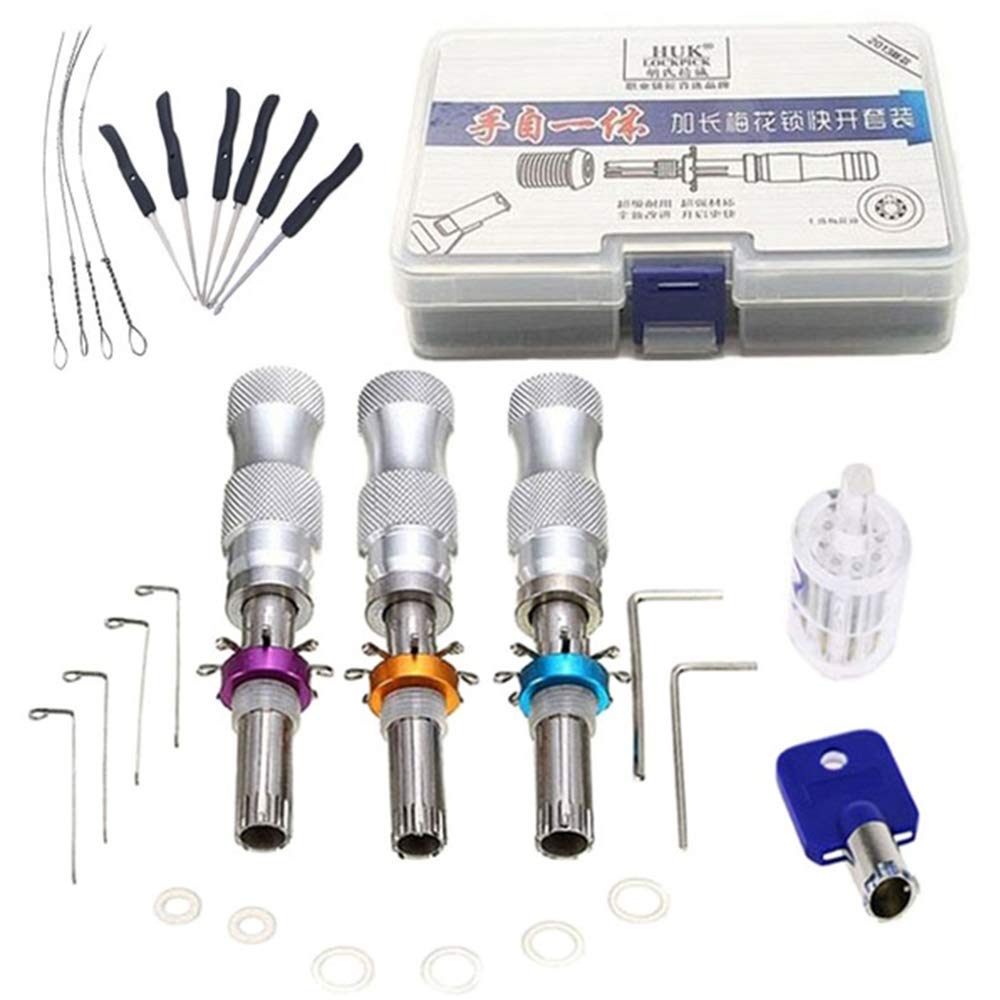 Loboo Idea 3pcs 7Pins Stainless Steel Adjustable Tubular Picks Lock Tool and Transparent Plum Flower Lock with Broken Key Extractor Set