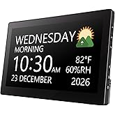 Raynic Digital Clock, 10.1 Inch Large Display Calendar Clock with 12 Themes, 20 Alarms, 20 Reminders, Auto Dimming, 12/24 Hours, Indoor Temperature, Humidity for Seniors, Desk (Black)