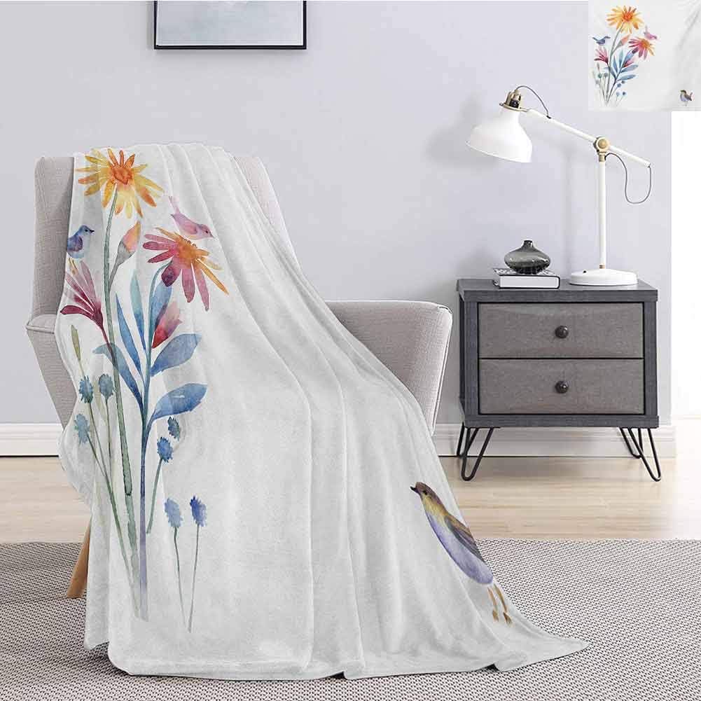 Luoiaax Watercolor Bedding Flannel Blanket Springtime Flowers with Birds Unusual Color Scheme Brush Effect Super Soft and Comfortable Luxury Bed Blanket W70 x L90 Inch Slate Blue Amber Levander