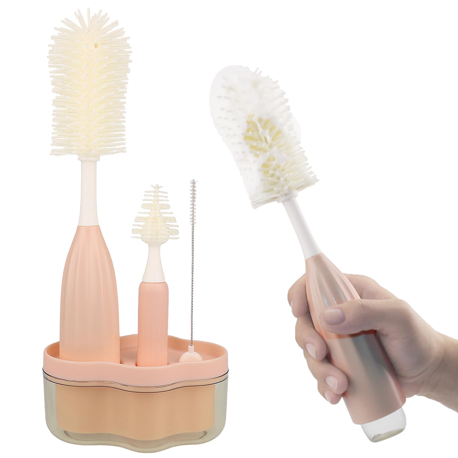 Photo 1 of Baby Bottle Cleaning Brush Set – Innovative Silicone Foam?Dispensing Bottle Brush with Nipple Brush & Straw Brush + Storage Stand (Pink)