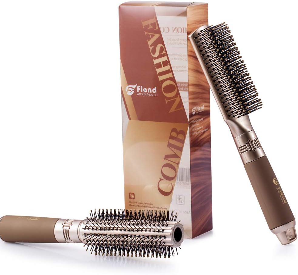 Flend Hair Brush for Woman and Man, Professional Paddle & Styling& Round Hairbrush Set for All Hair Types (Gold)