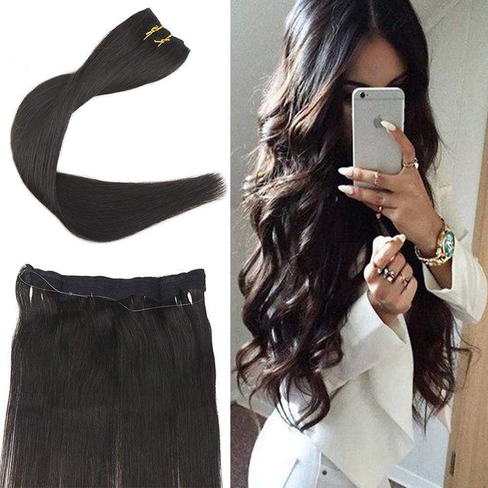Surprise Halo Extensions For Short Hair 16" Invisible Crown Hair Piece 1B Off Black Fish Wire Extensions For Women Secret Wire Real Human Hair Fish Line Extensions 11 Inch Width 80 Gram Per Pack