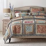 DaDa Bedding Collection Reversible Bohemian Real Patchwork Gallery of Roses Cotton Quilt Bedspread Set, Multi-Colored, King, 3-Pieces