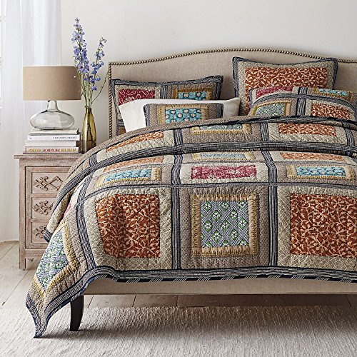 Dada Bedding Collection Reversible Bohemian Real Patchwork Gallery of Roses Cotton Quilt Bedspread Set, Multi-Colored, King, 3-Pieces