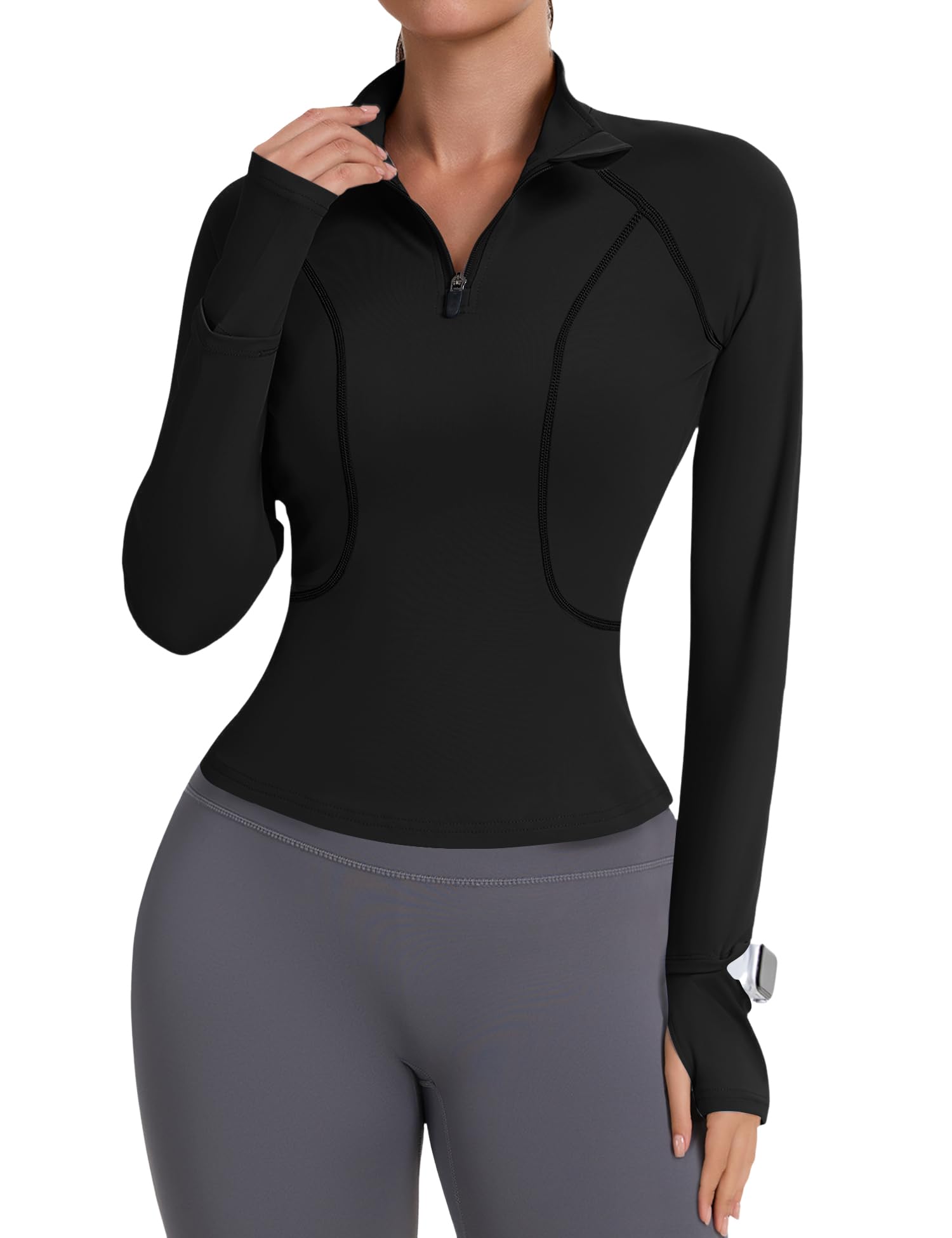 Photo 1 of Avoogue Womens Long Sleeve Workout Tops Quarter Zip Pullover Golf Running Jackets Hiking Tops Fitness Clothing Black XS