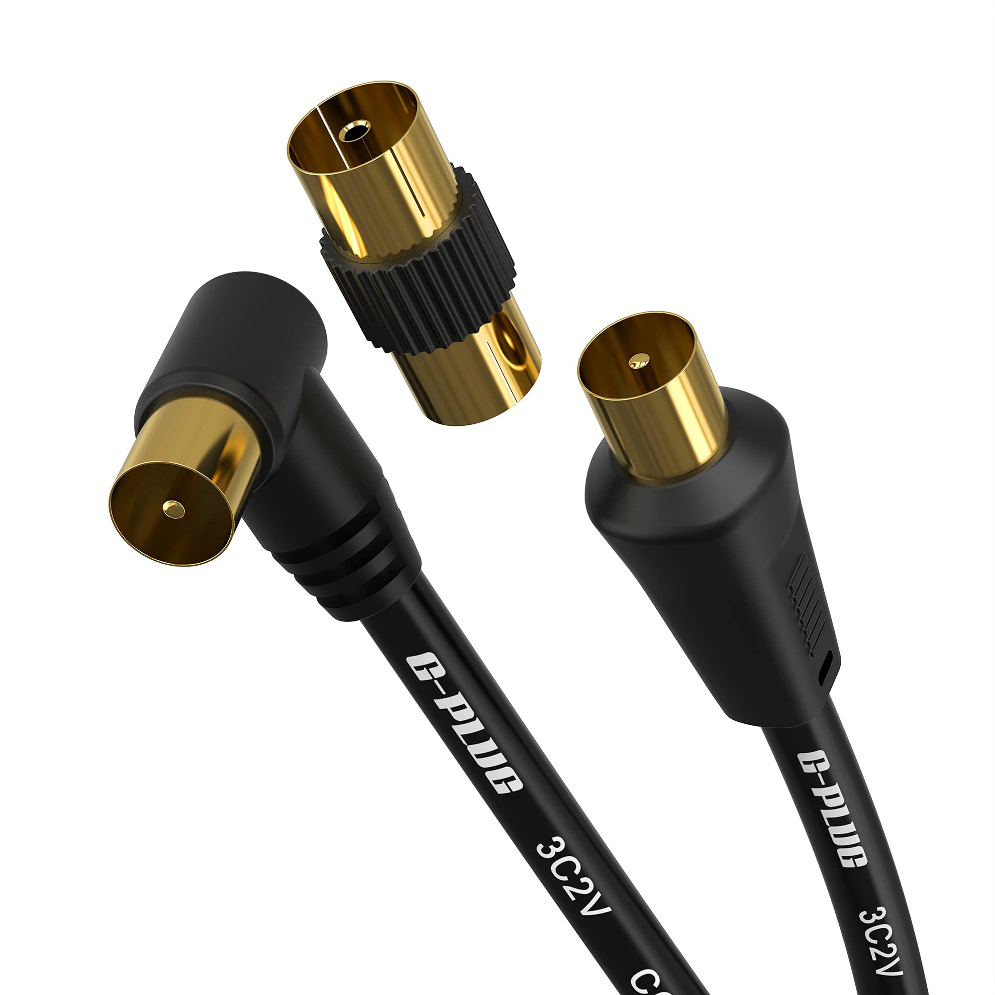 15m TV Aerial Cable with Right Angled Plug + Adapter – Coaxial RF Lead Male to Male – Gold-Plated Connector – Freeview, Freesat, Sky Box, BT, TV Antenna Extension