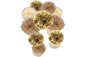 MOWO Gold Champagne Gold and Ivory White Paper Flower Tissue Pom Poms for Baby Shower Bridal Engagement Bachelor Birthday Graduation Retirement Theme Party, 12pc