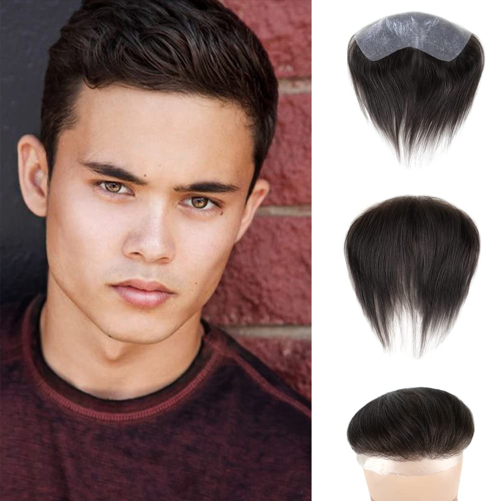 Lordhair V-Shape Frontal Hairpiece for Men, Natural Human Hair System with PU Thin Skin for Receding Hairline Coverage