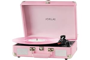 JORLAI Pink Vinyl Record Player 3 Speeds Portable Suitcase Turntable with Built-in Dual Speakers, Bluetooth Gramophone with Built-in Battery 3.5mm Aux Input/RCA Output