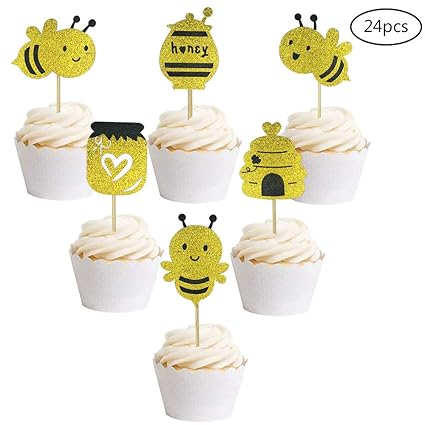 24 Pcs Gold Glitter Bumblebee Cupcake Toppers Honey Bee Cake