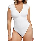 Popilush Shapewear Bodysuits for Women Deep V Neck Cap Sleeve Thong Body Suit Tummy Control Plus Size Going Out Tops