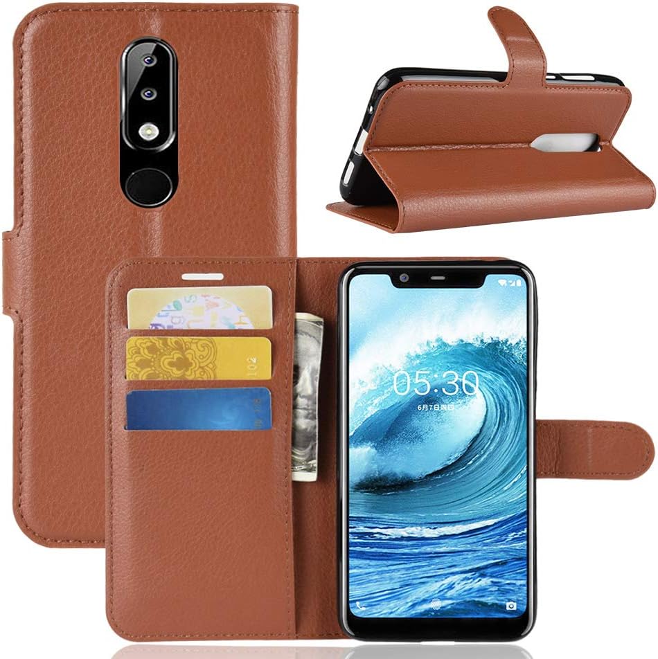 Nokia 5.1 Plus Case, PRODELI Premium PU Leather Nokia X5 Protective Case Cover Phone Wallet Flip for Nokia X5/5.1 Plus with Magnetic Closure & Card Slots & Stand Function (Brown)