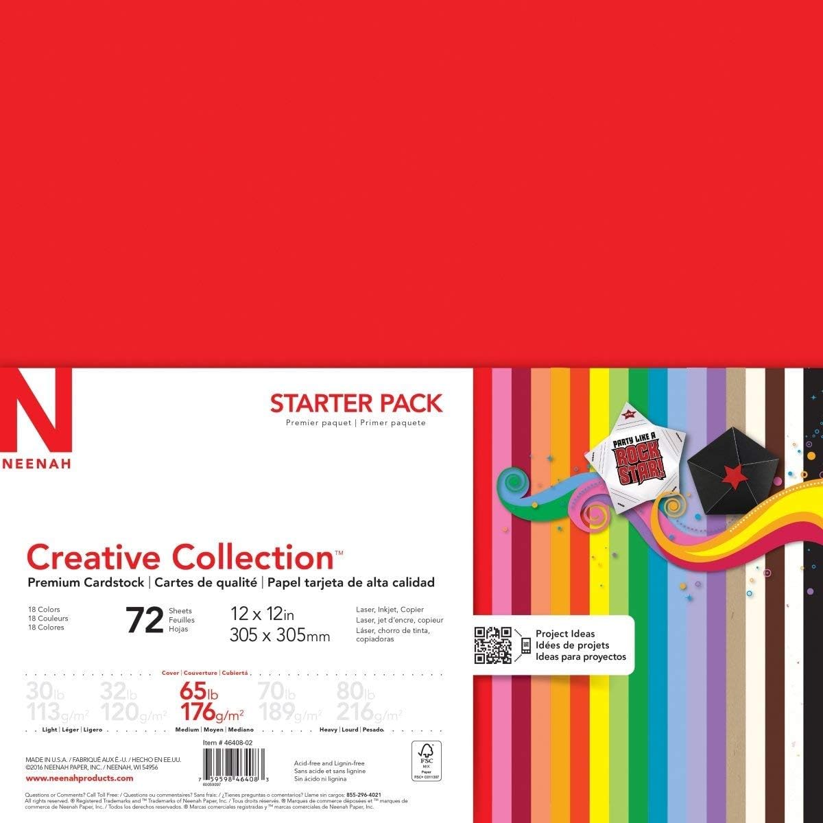 Neenah Creative Collection Specialty Cardstock Starter Kit, 12" x 12", 65 lb, 18-Color Assortment, 72 Sheets (46408-02) : Card Stock : Office Products
