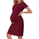 Ekouaer Women's Maternity Dress Ruched Ribbed Bodycon Summer Dresses Casual Pregnancy Dress S-XXL