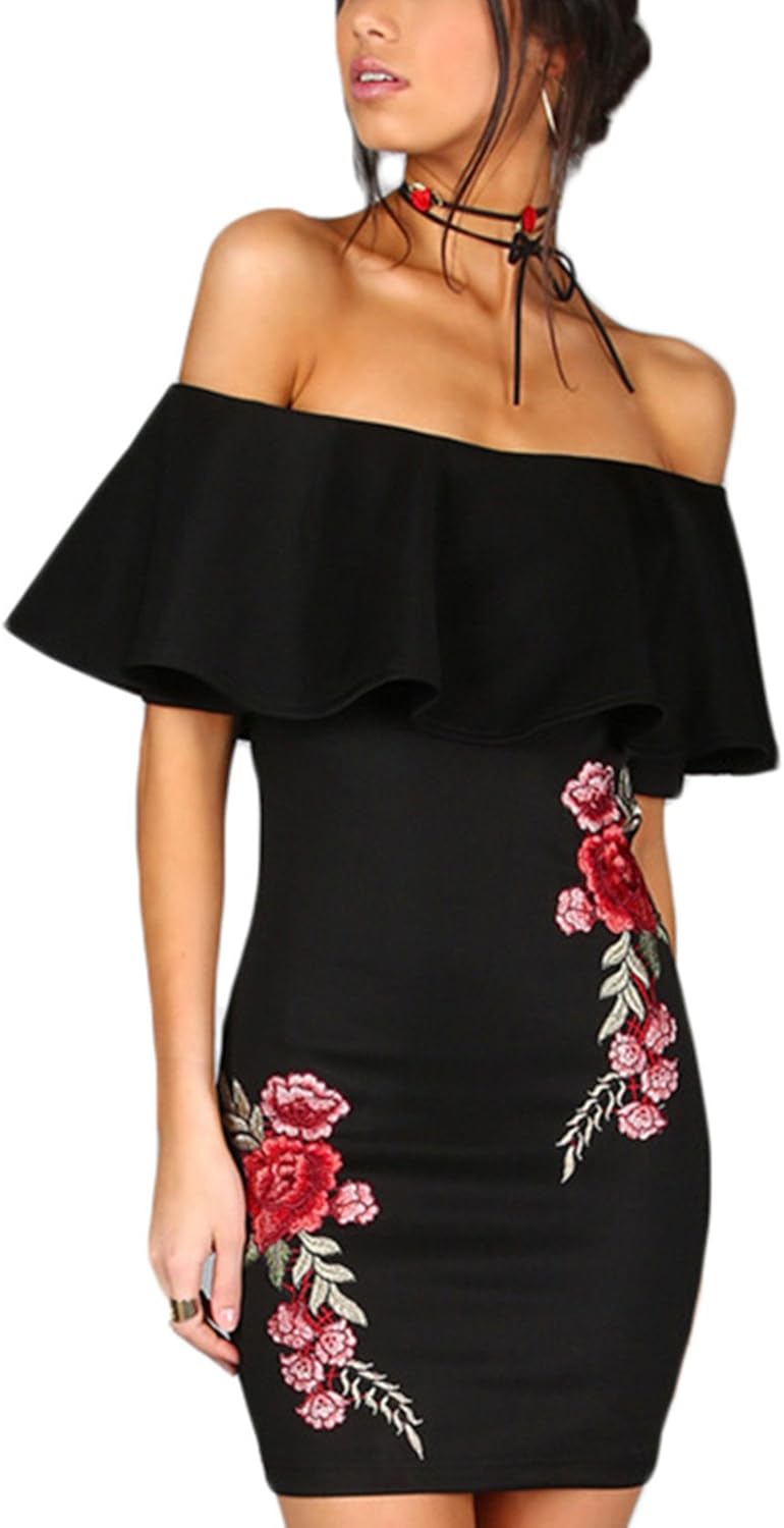 rose black multi embroidered bodycon dress