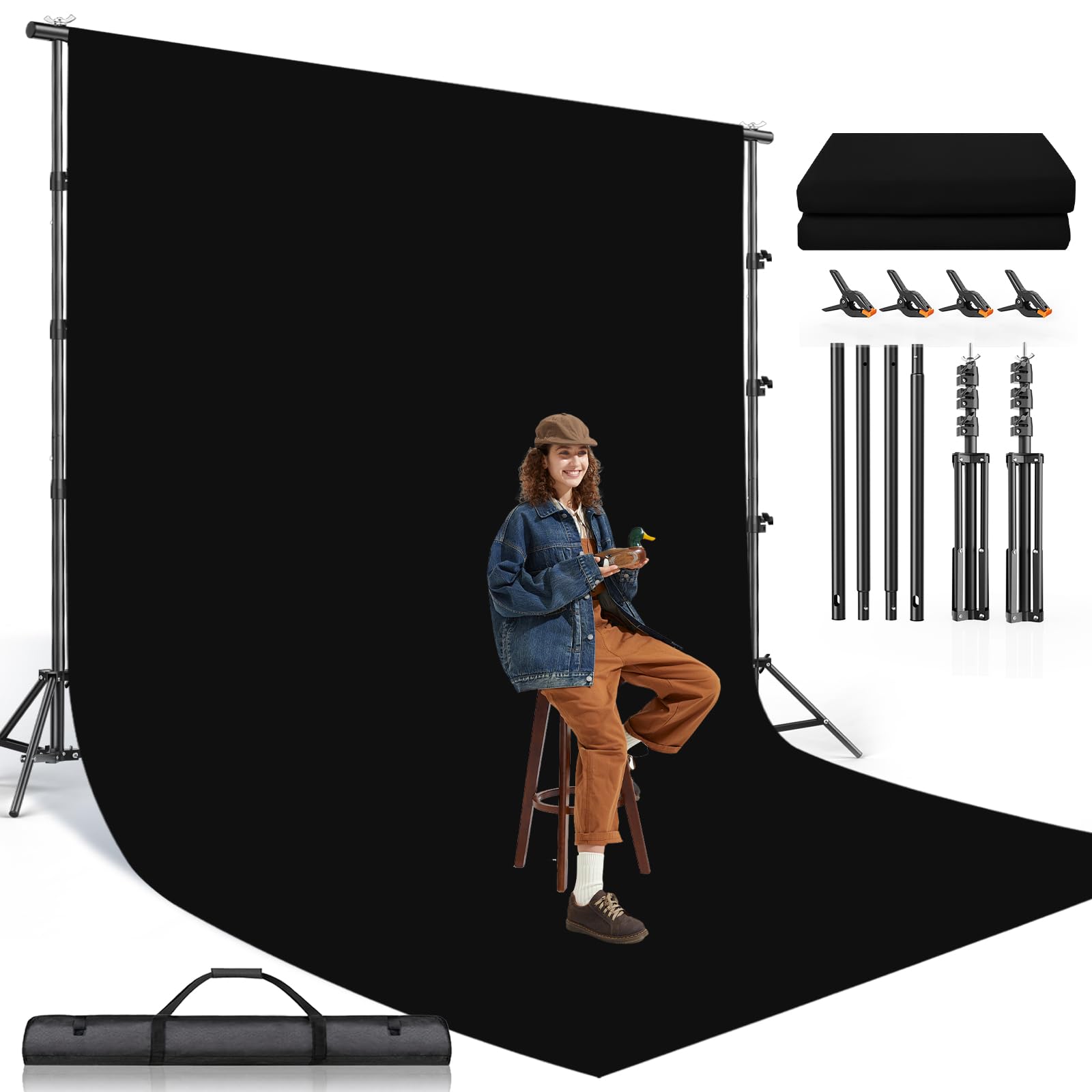 Photo 1 of BEIYANG 8.5X10 FT Photo Background Stand with 10X12 FT Black Backdrop Screen, Adjustable Background Holder Support System Kit for Photography Video, Parties Decoration with Carry Bag & Clamps