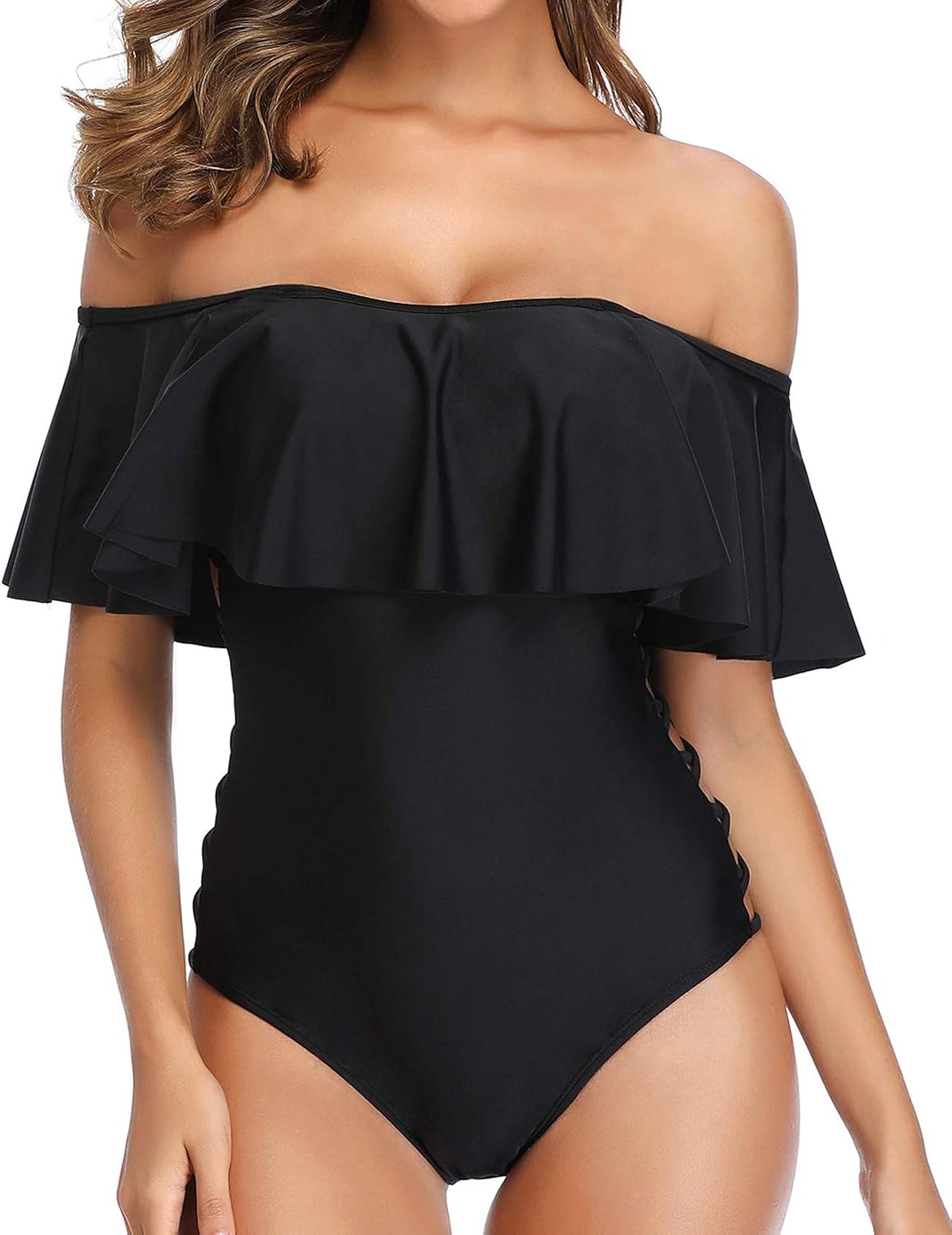 Holipick Off Shoulder One Piece Bathing Suits For Women Ruffle Flounce Swimsuits Criss Cross Tummy Control Bathing Suits At Amazon Women S Clothing Store