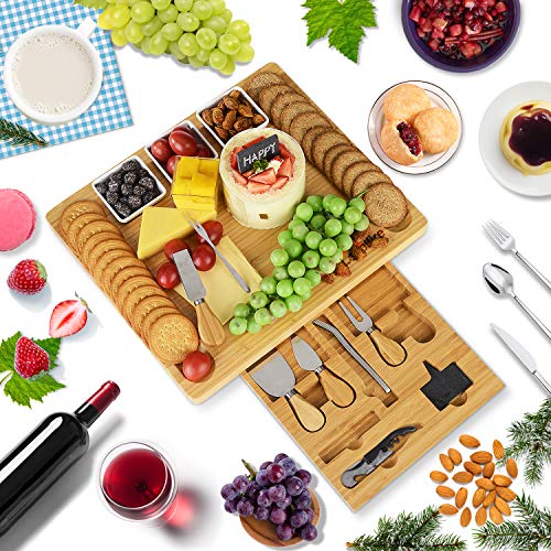Cheese Board Set, Loyalfire Bamboo Large Thick Charcuterie Platter Serving Tray with Slide Out Drawer for Cutlery 4 Stainless Steel Knives and Wooden Server, for Wine, Crackers, Brie and Meat - Thumbnail 4