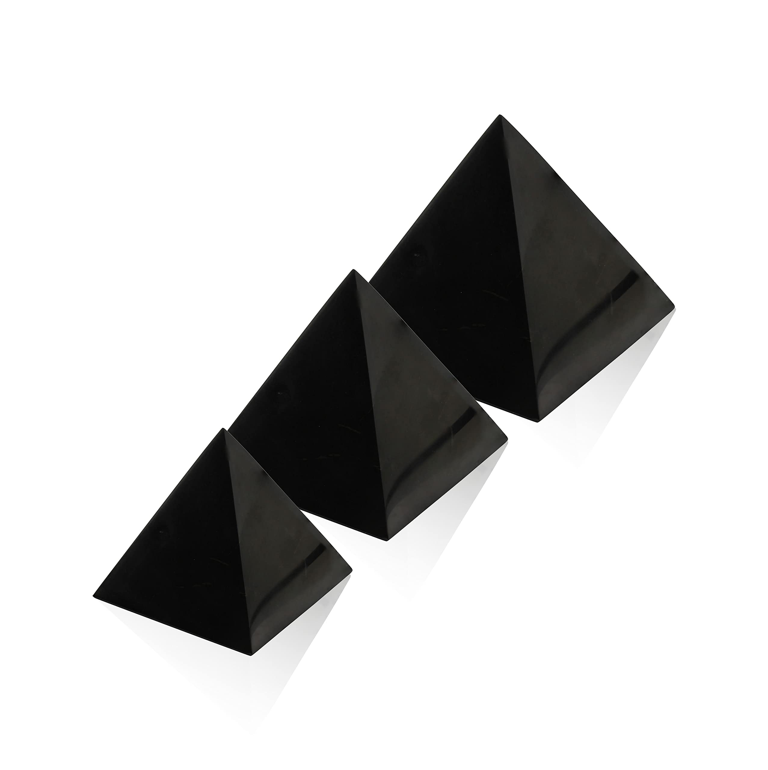 Photo 1 of Heka Naturals Shungite Black Stone Pyramid Set of 3 | 2+3+4 Inch - Desk Decor Shungite Stone for Home or Office - Chakra Stones, Healing Crystals, Meditation Pyramid