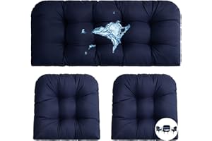 LFNOONE Outdoor/Indoor patio waterproof 3 Piece Loveseat Cushion Set All-Weather Outdoor Furniture Cushions for Use Patio Wicker Cushions 1 Loveseat Cushion 43”x20” & 2 U-Shape Cushion 19”x19”& Dark blue
