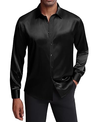 J.VER Men's Silk Satin Long Sleeve Dress Shirts Shiny Casual Button Down  Shirt Luxury Party Prom Shirts Black L in Dubai - UAE | Whizz 121177981011