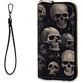 BFUKVOU Womens Wallet, RFID Wristlet Wallet for Women, Cute Ladies Purse, Large Credit Card Clutch Purse, Leather Card Holder Wallets with Zipper & Phone Holder,Cool Skull Skeleton