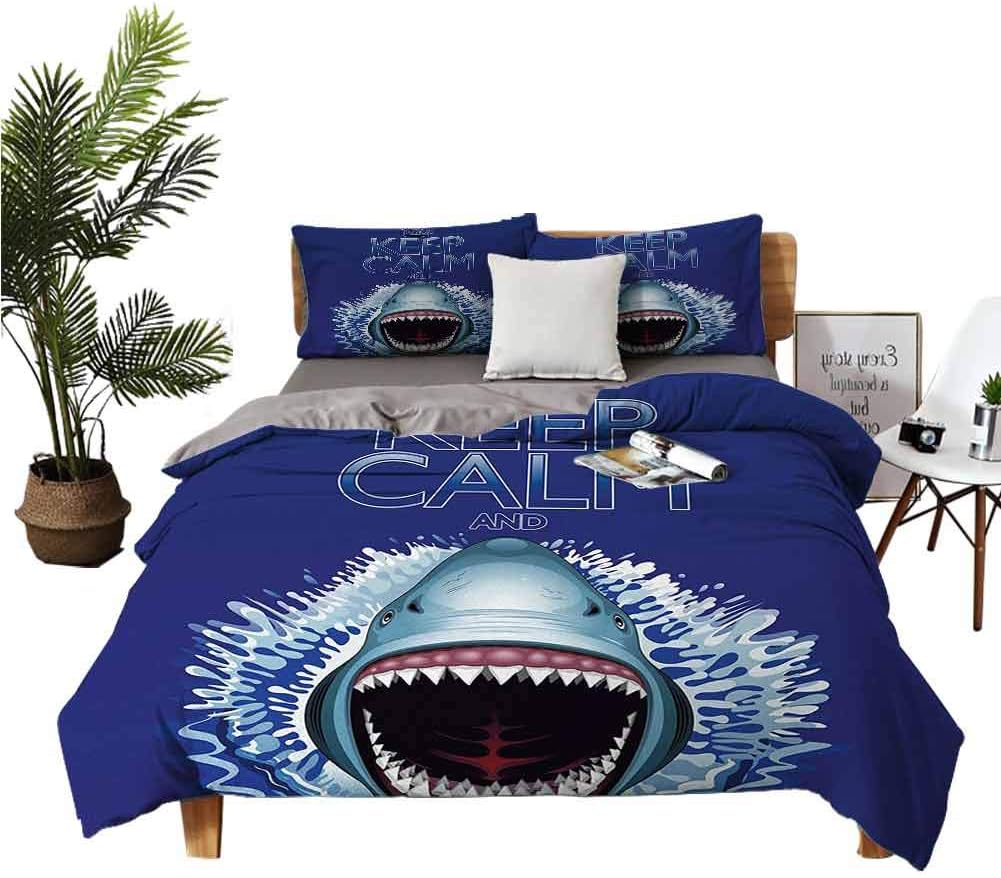 Queen Sheets Sea Animals Hotel Luxury Bed Sheets Keep Calm and Shark Jaws Attack Predators Hunter Dangerous Wild Aquatic Nature W78 xL78 Blue White