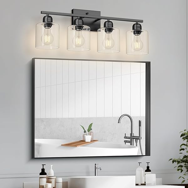 FAISHILAN MODERN 4 LIGHT BATHROOM LIGHT FIXTURES, 24 INCH BLACK VANITY LIGHTS FOR BATHROOM WITH CLEAR GLASS, BATHROOM VANITY LIGHT FOR MIRROR KITCHEN LIVING ROOM HALLWAY CABINET PORCH