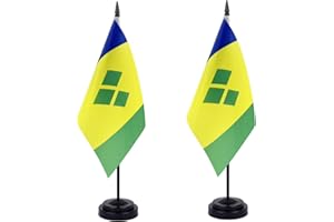 WXTWK 2 Pack Saint Vincent and the Grenadines Flag Saint Vincent and the Grenadines Deluxe Desk Flag Set - Mini Small Saint Vincent and the Grenadines Table Office Flags with Black 12" Solid Pole Stand Base Decorations