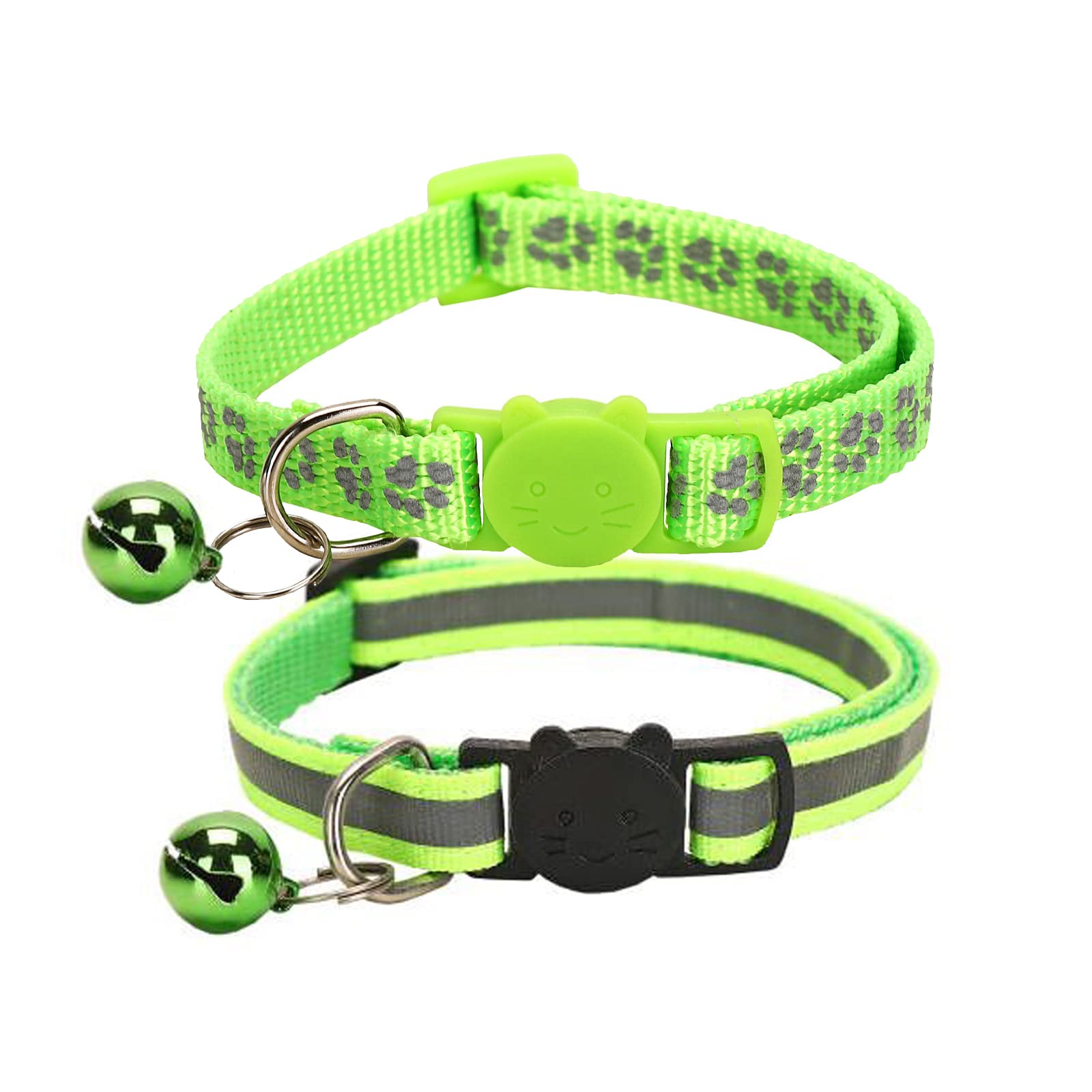 NeuWook Reflective Cat Collars with Bells, 2 PACK Safe Quick Release Cat Collar Adjustable 19-32cm for Cat Puppy (Green)