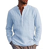 AUDATE Mens Cotton Linen Shirt Casual Long Sleeve Henley Shirt Solid Tops