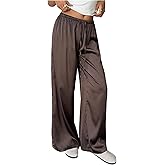 MakeMeChic Women's Satin Pants Drawstring Waist Straight Leg Chocolate Brown Silk Lounge Pants