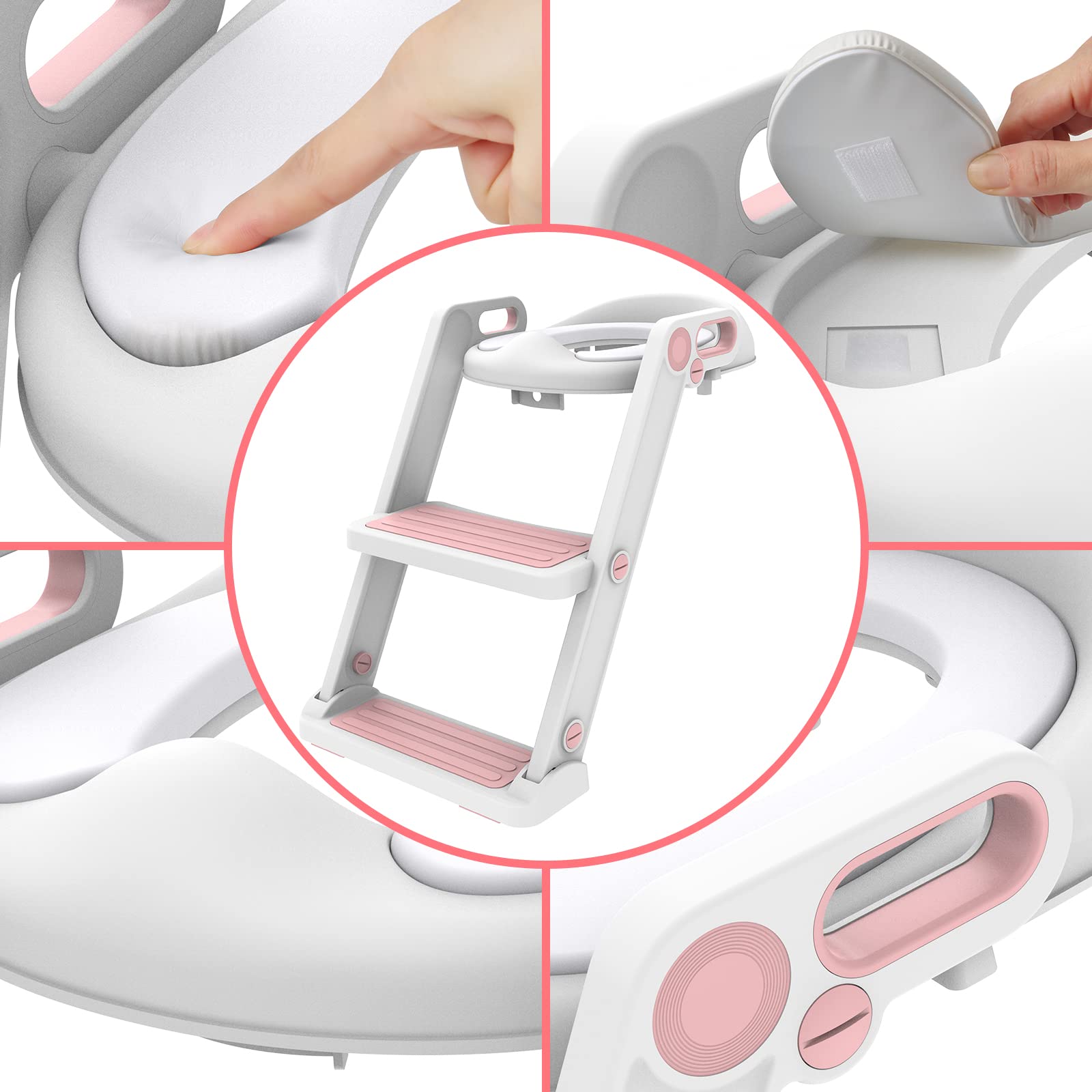 Victostar Potty Training Seat with Step Stool Ladder, Foldable Potty Training Toilet for Kids Boys Girls Toddlers-Comfortable Cushion Safe Handle Anti-Slip Pads