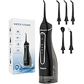 Cordless Portable Water Flosser with 300ML Tank: Rechargeable Oral Irrigator with 5 Tips for Travel, Braces Care and Sensitive Gums, IPX7 Waterproof Teeth Cleaning Device(Black)