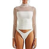 SUUKSESS Women Double Line Mesh Sheer Crop Tank Tops Mock Neck Long Sleeve Shirts