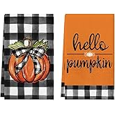 Artoid Mode Buffalo Plaid Hello Pumpkin Fall Kitchen Towels Dish Towels, 18x26 Inch Farmhouse Thanksgiving Decoration Hand Towels Set of 2