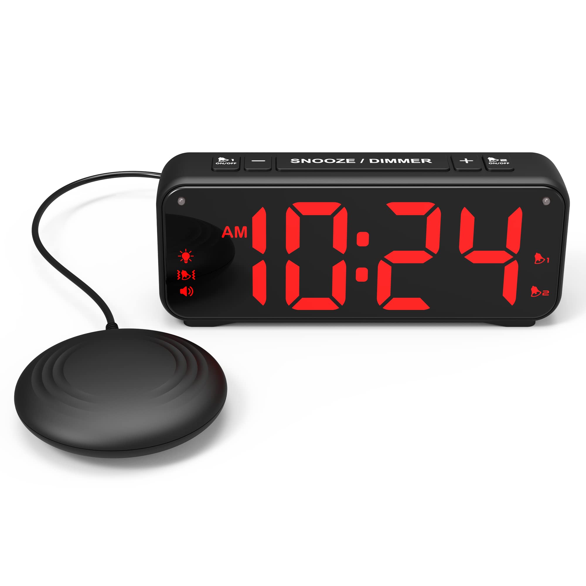 Extreme Powerful Vibration Alarm Clock + Extra Loud Alarm for Heavy Sleeper/Deaf/Hearing Impaired, Extra Large Display for Elderly with Dual Alarm, Snooze and 5-level Adjustable Brightness (BLACK)