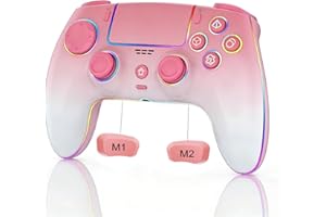 JUNHUAN Wireless Pink White gradient Controller for PS5/PC/Mac/Steam Deck with Hall Effect joystick trigger/Cool RGB/TURBO/headphone Jack - Built-in Speakers Support P-S5 Console Audio