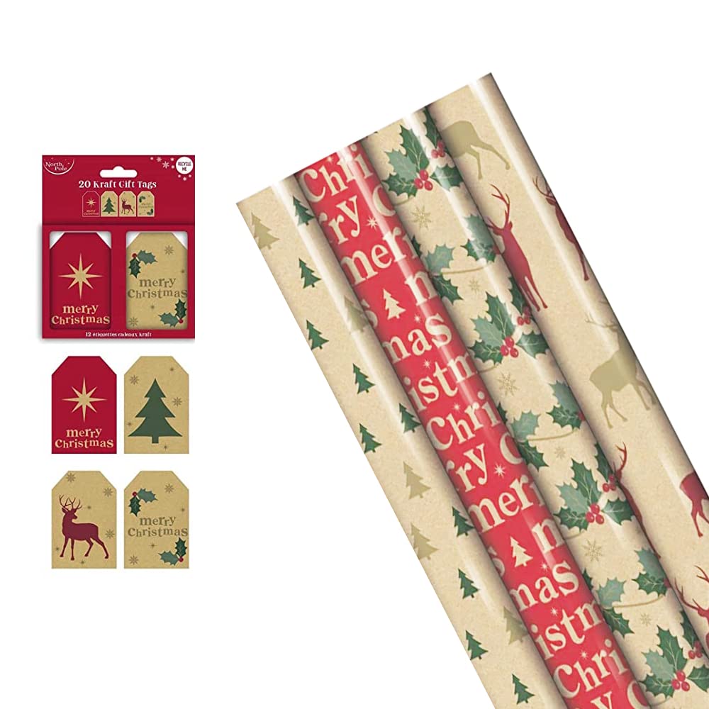 FIRST CHOICE KAYA Traditional 4M Festive Christmas Gift Wrapping Paper Rolls with 20 Matching Gift Tags Eco Brown Kraft Wrap Paper Ideal For All Festivals and Events - Pack of 4