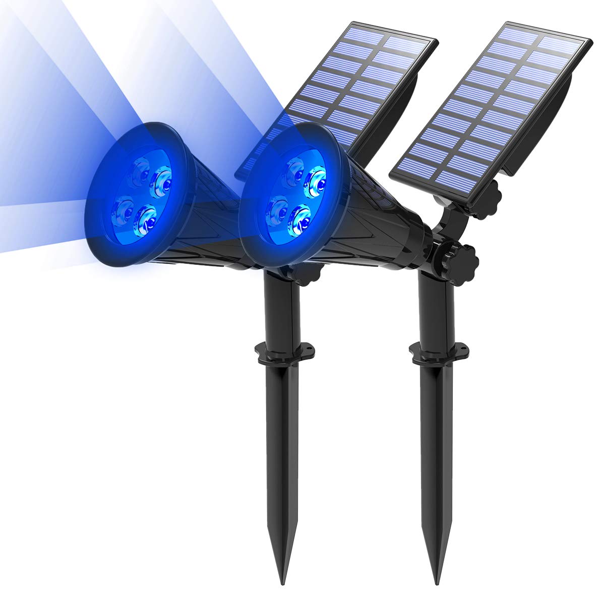 T-SUN 2 Pack LED Solar Spotlight, 4 Led Blue Waterproof Outdoor Security Garden Landscape Lamps, 180°Angle Adjustable, Auto-on/Off for Tree, Yard,Lawn,Pathway,Deck,Patio Etc
